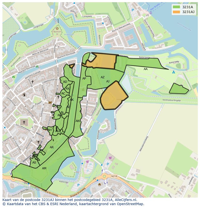 Afbeelding van het postcodegebied 3231 AJ op de kaart.