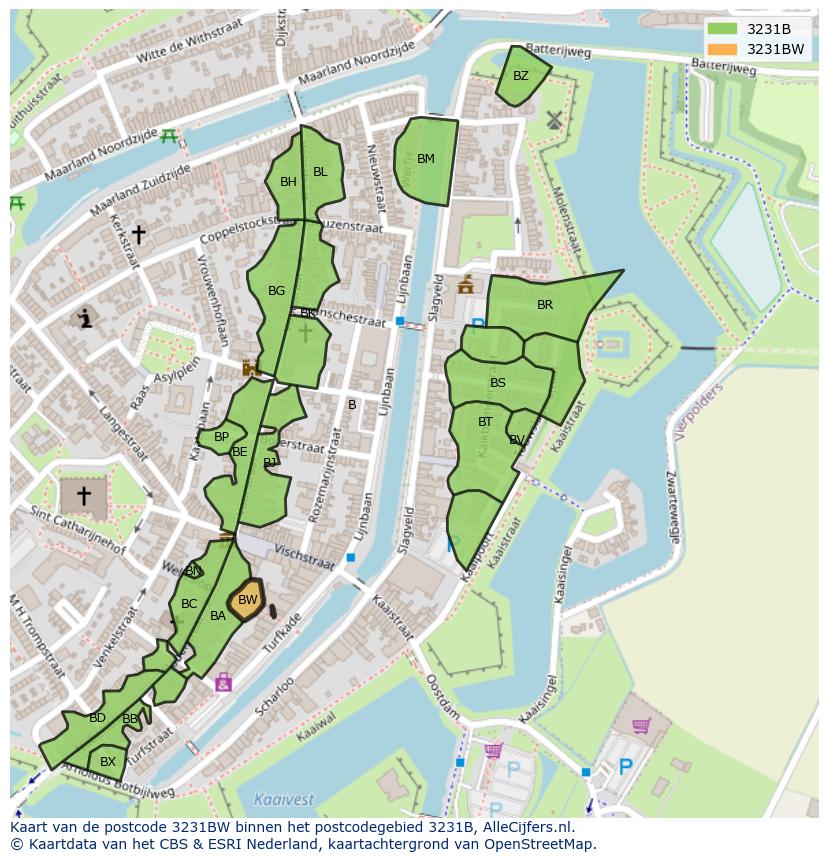 Afbeelding van het postcodegebied 3231 BW op de kaart.