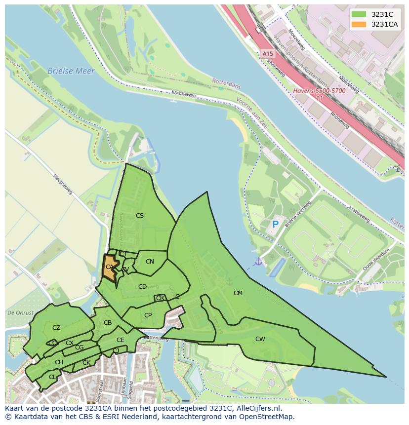 Afbeelding van het postcodegebied 3231 CA op de kaart.