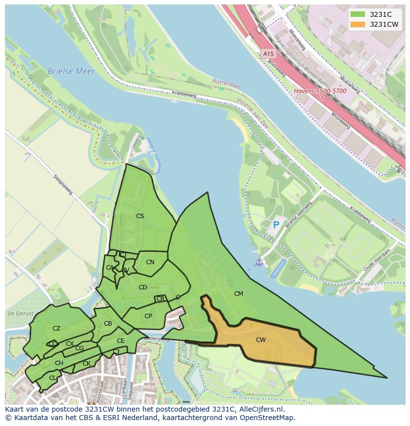 Afbeelding van het postcodegebied 3231 CW op de kaart.
