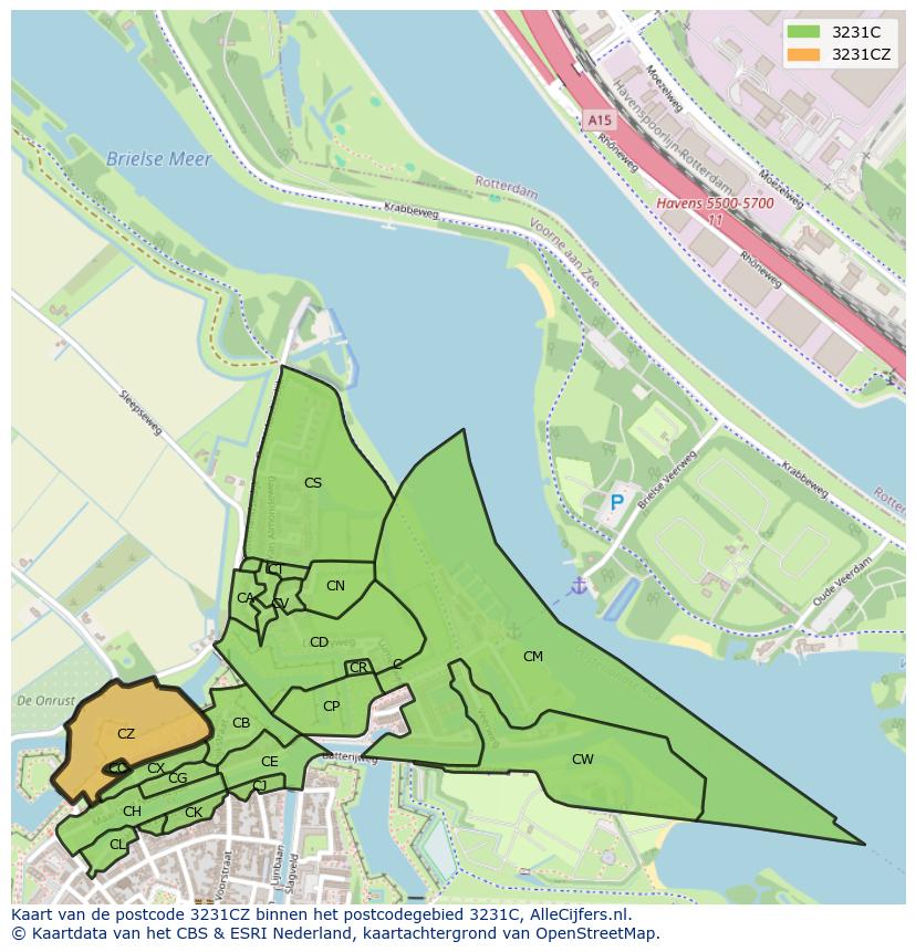 Afbeelding van het postcodegebied 3231 CZ op de kaart.