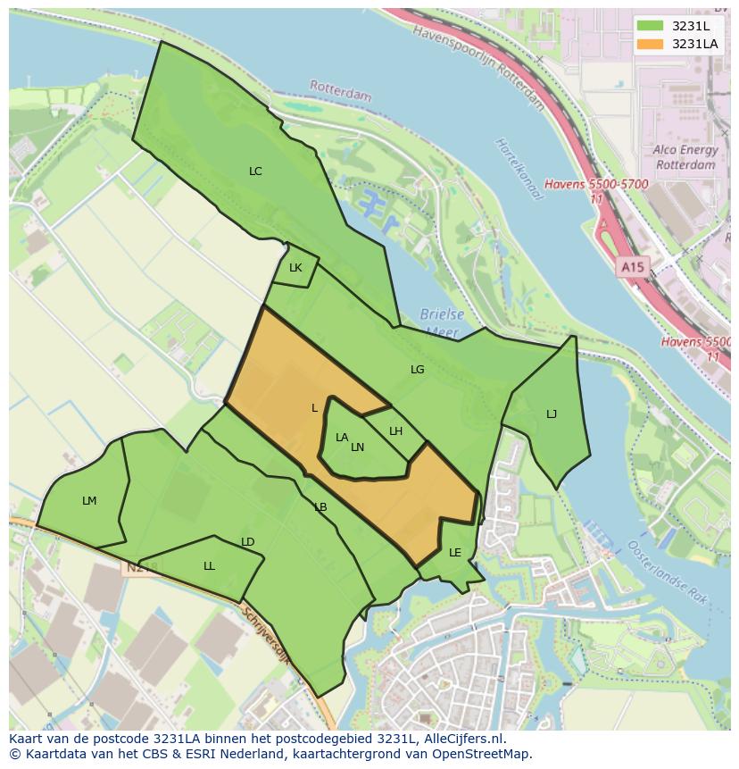 Afbeelding van het postcodegebied 3231 LA op de kaart.