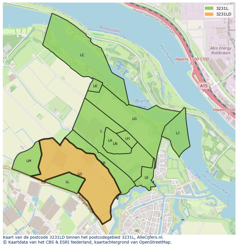 Afbeelding van het postcodegebied 3231 LD op de kaart.