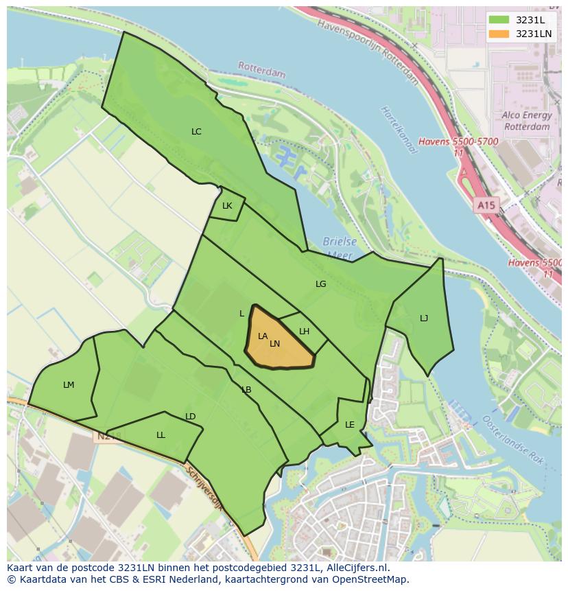 Afbeelding van het postcodegebied 3231 LN op de kaart.