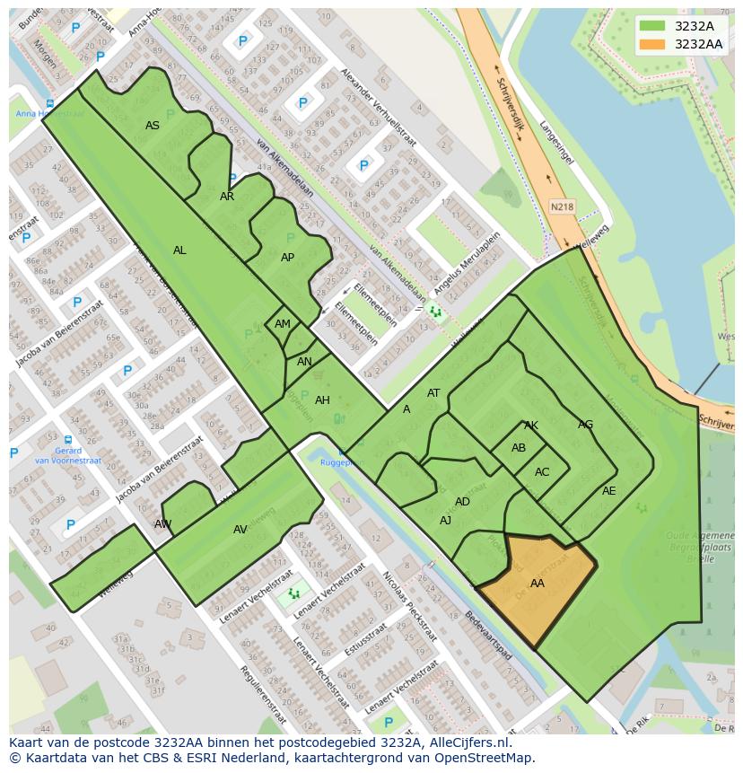 Afbeelding van het postcodegebied 3232 AA op de kaart.