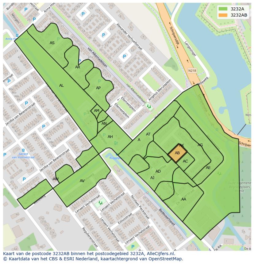 Afbeelding van het postcodegebied 3232 AB op de kaart.