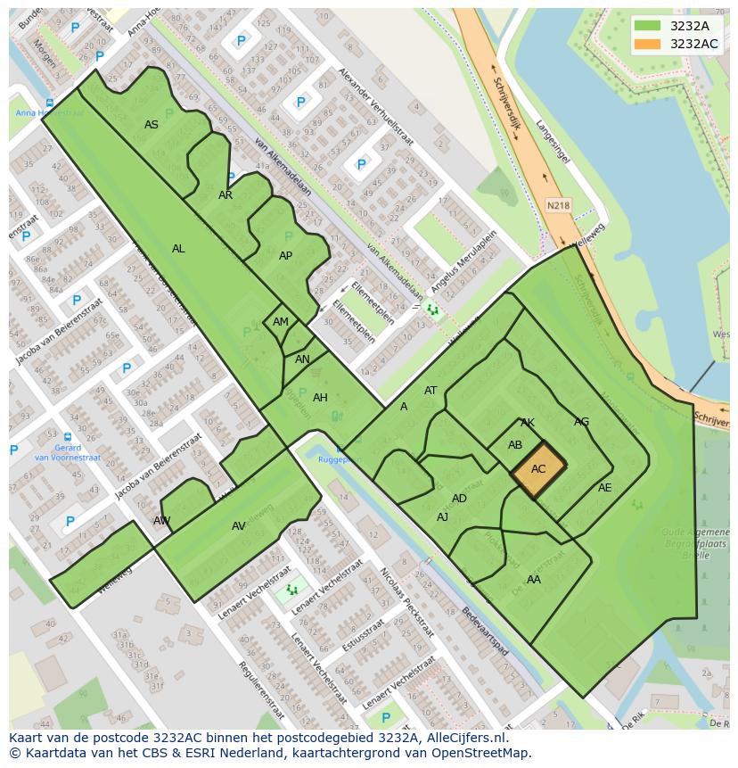 Afbeelding van het postcodegebied 3232 AC op de kaart.
