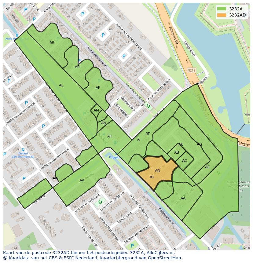 Afbeelding van het postcodegebied 3232 AD op de kaart.