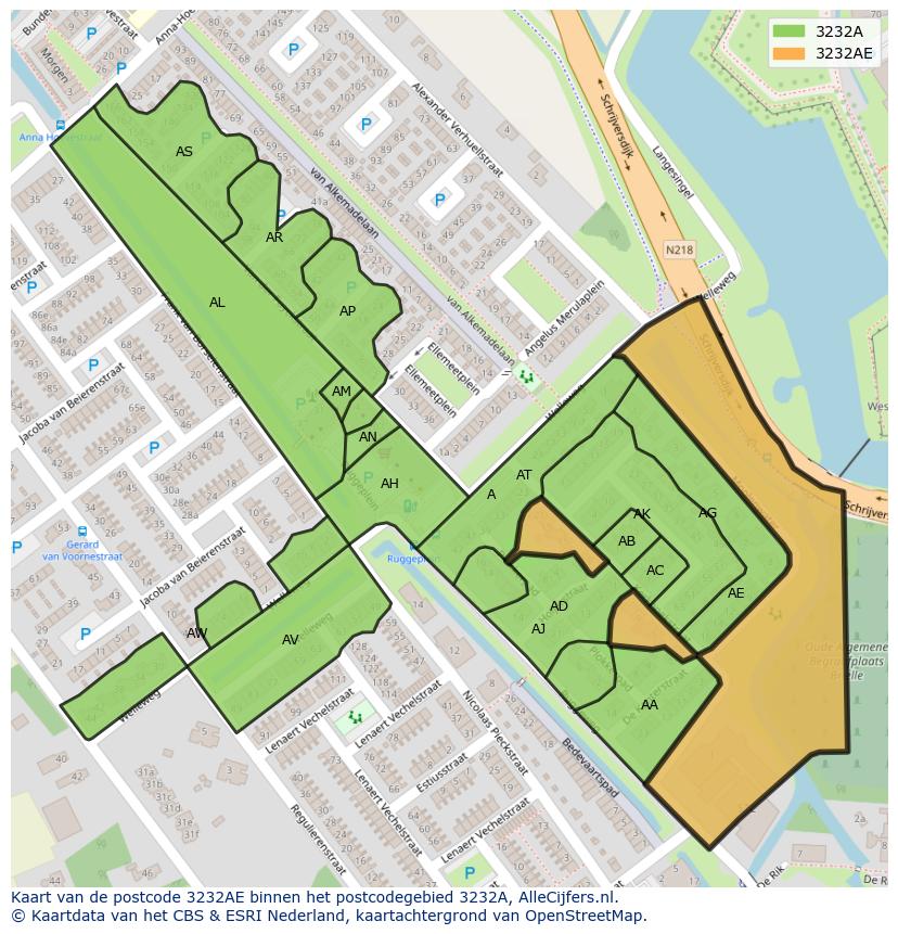 Afbeelding van het postcodegebied 3232 AE op de kaart.