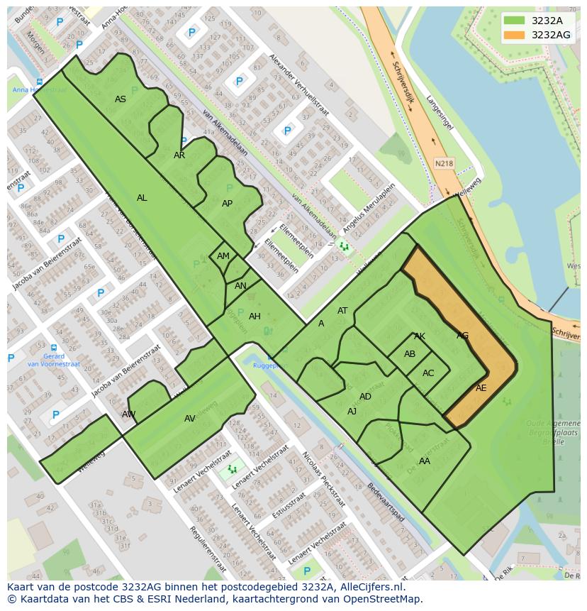 Afbeelding van het postcodegebied 3232 AG op de kaart.