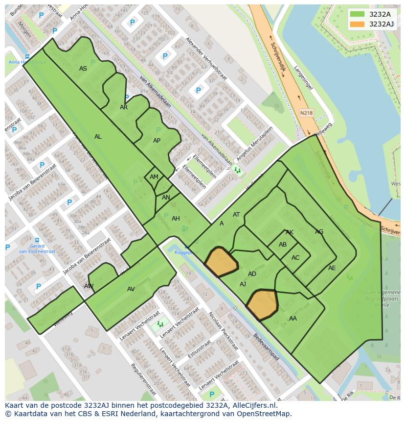 Afbeelding van het postcodegebied 3232 AJ op de kaart.