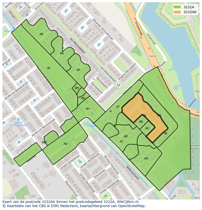 Afbeelding van het postcodegebied 3232 AK op de kaart.
