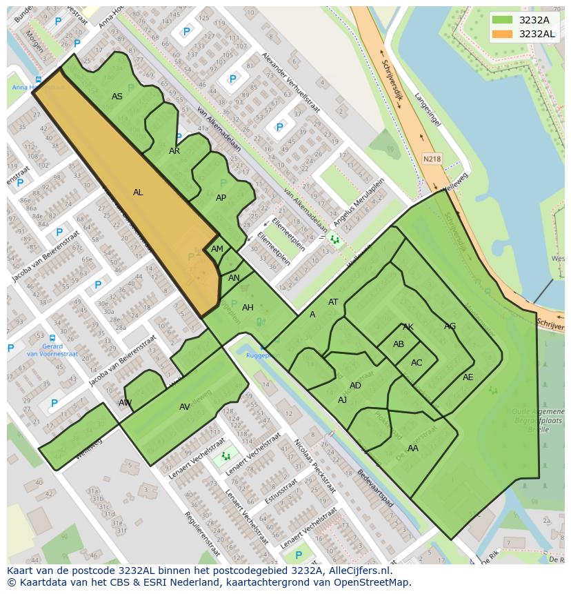Afbeelding van het postcodegebied 3232 AL op de kaart.