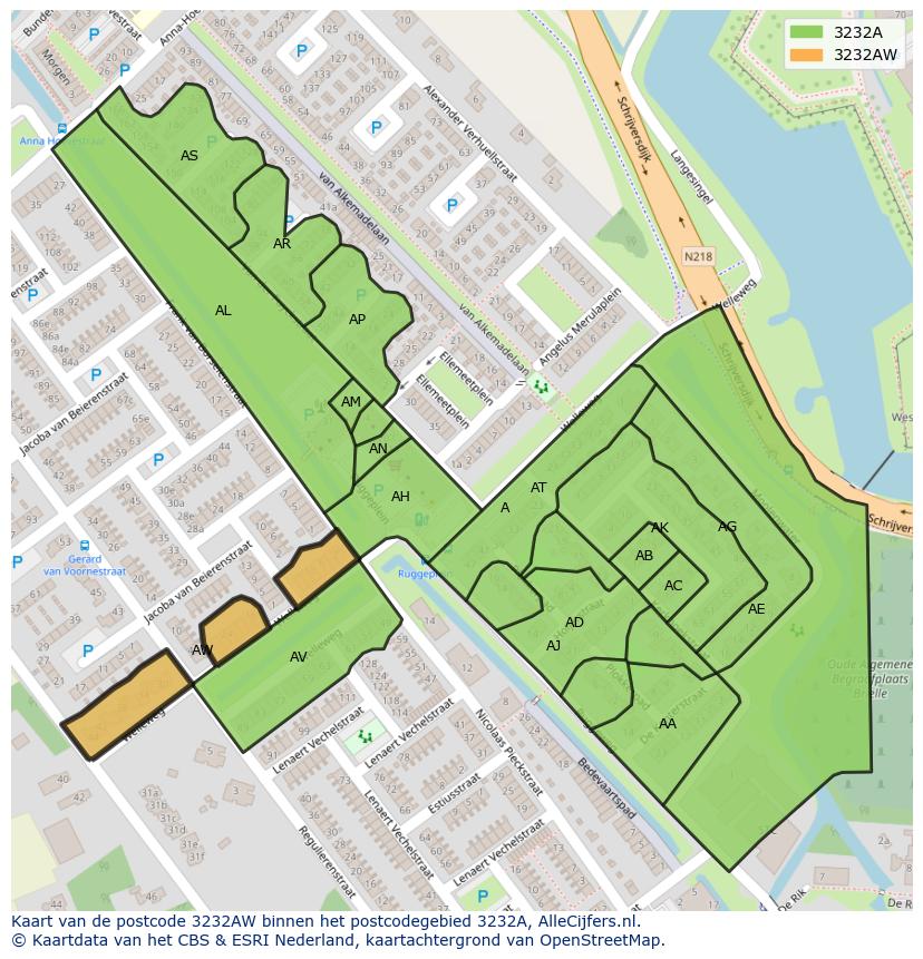 Afbeelding van het postcodegebied 3232 AW op de kaart.