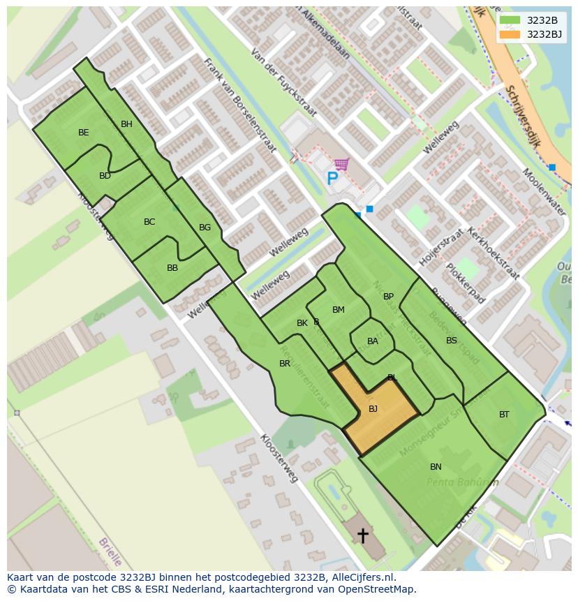 Afbeelding van het postcodegebied 3232 BJ op de kaart.