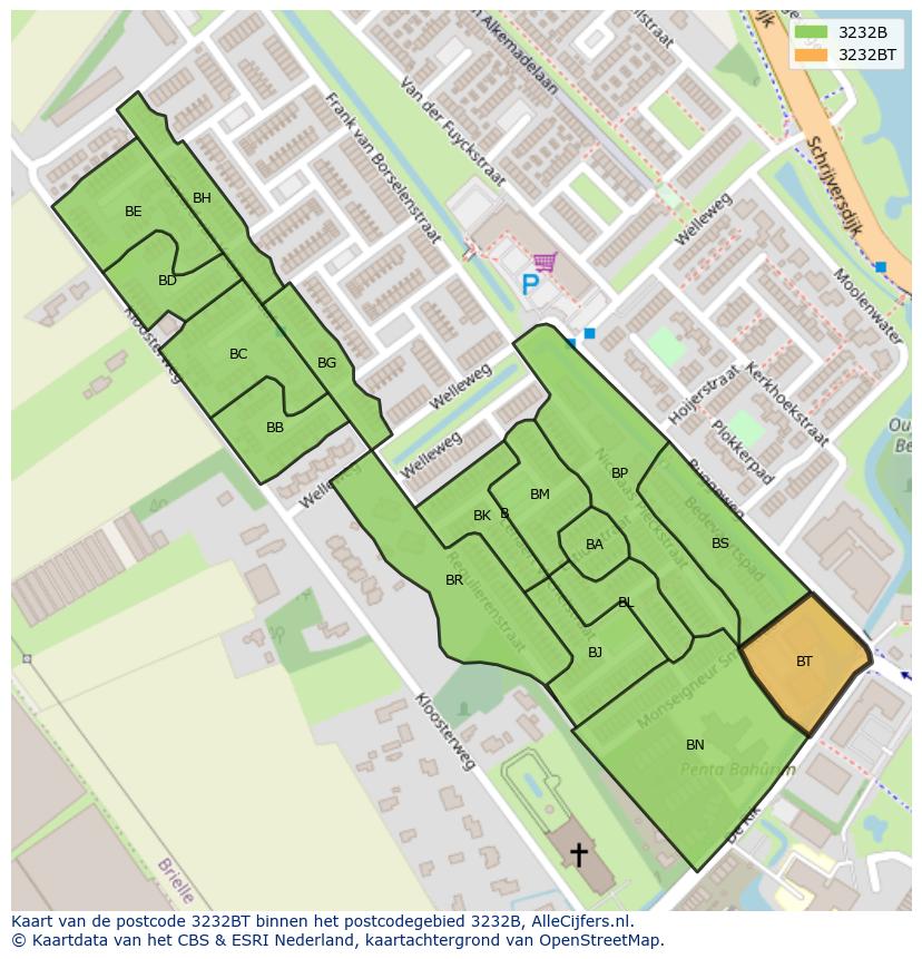 Afbeelding van het postcodegebied 3232 BT op de kaart.