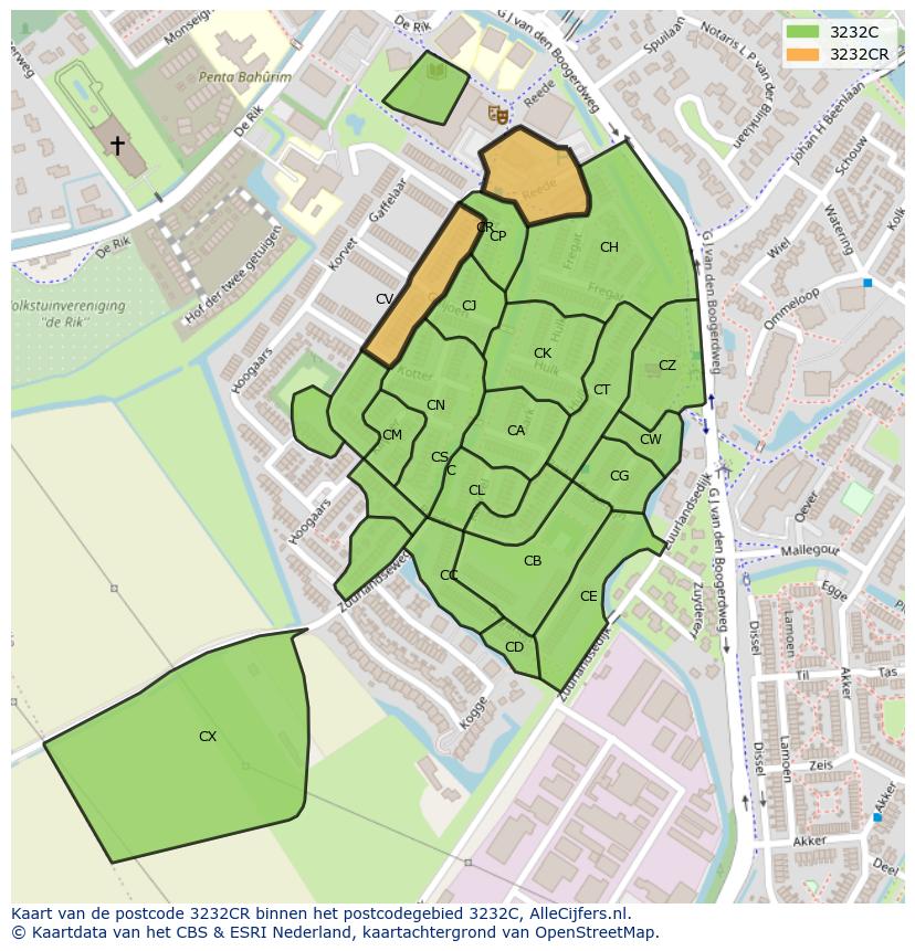 Afbeelding van het postcodegebied 3232 CR op de kaart.
