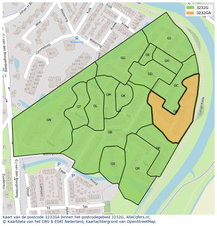 Afbeelding van het postcodegebied 3232 GA op de kaart.