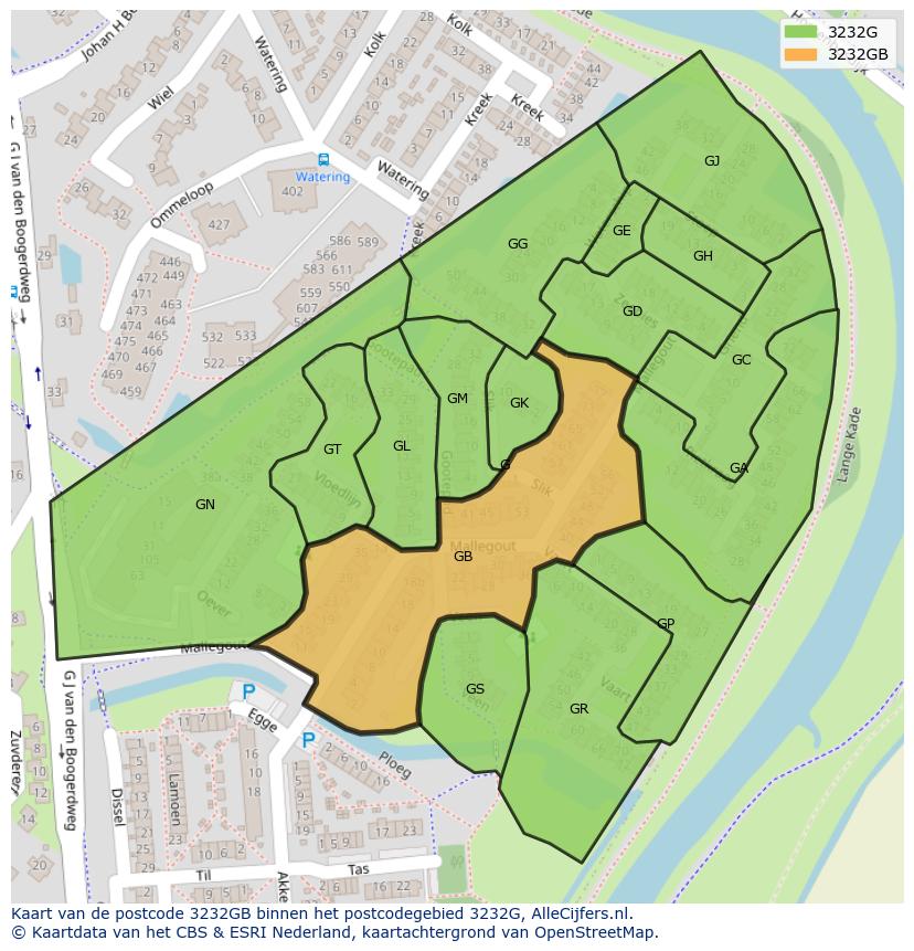 Afbeelding van het postcodegebied 3232 GB op de kaart.