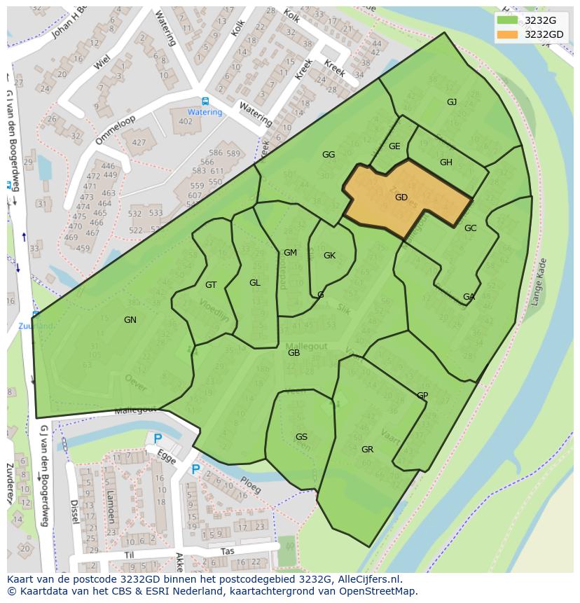 Afbeelding van het postcodegebied 3232 GD op de kaart.