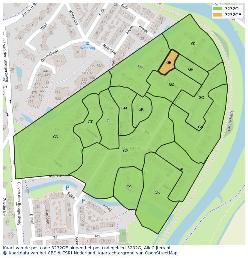 Afbeelding van het postcodegebied 3232 GE op de kaart.