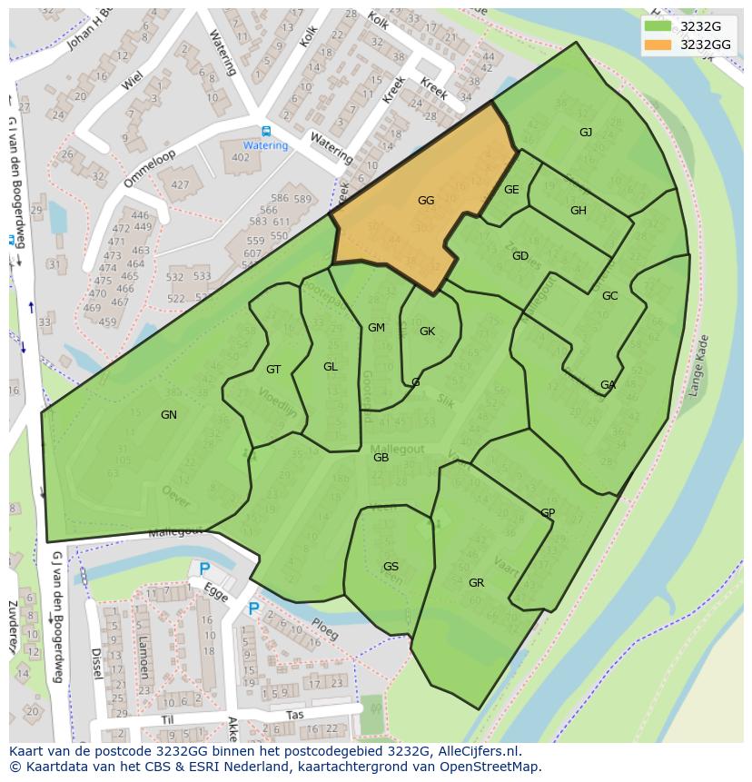 Afbeelding van het postcodegebied 3232 GG op de kaart.