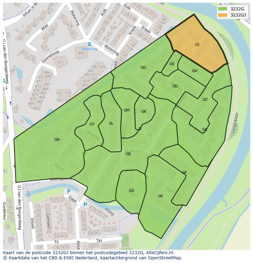 Afbeelding van het postcodegebied 3232 GJ op de kaart.
