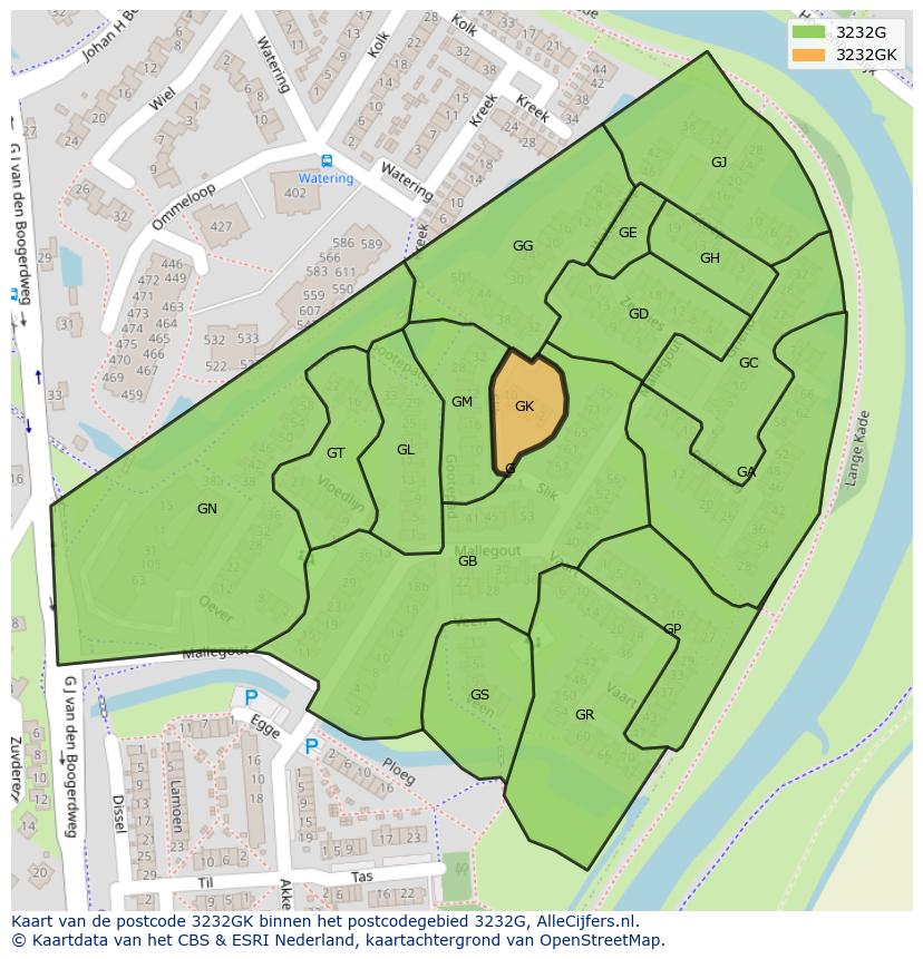 Afbeelding van het postcodegebied 3232 GK op de kaart.
