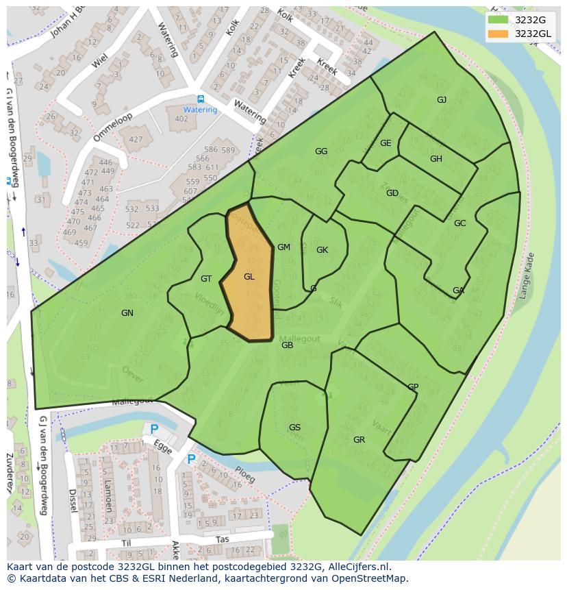 Afbeelding van het postcodegebied 3232 GL op de kaart.
