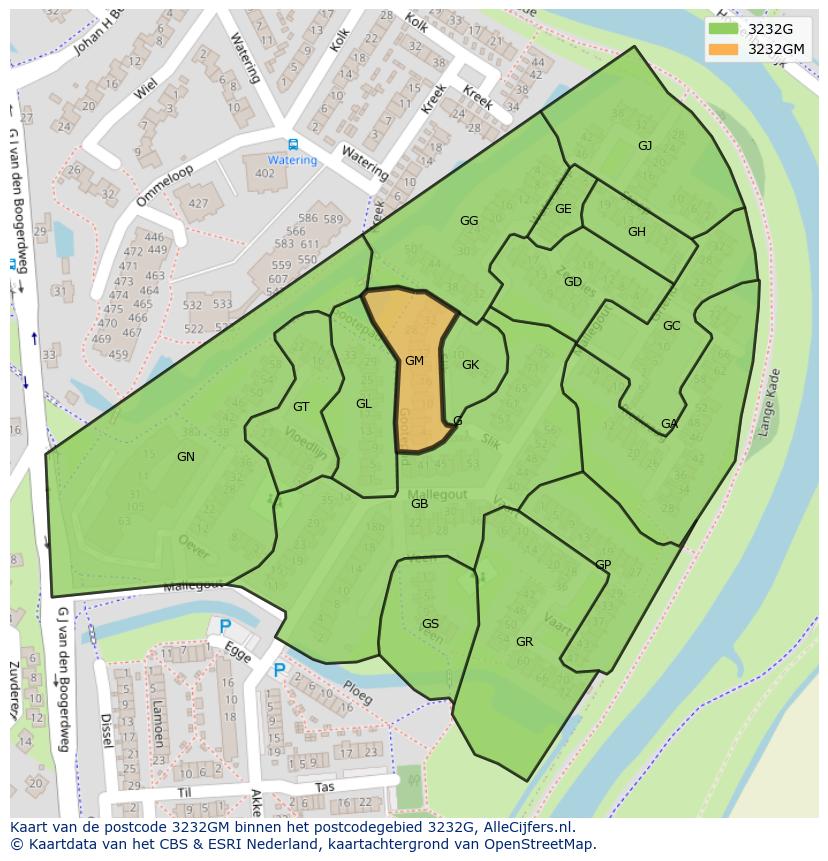 Afbeelding van het postcodegebied 3232 GM op de kaart.