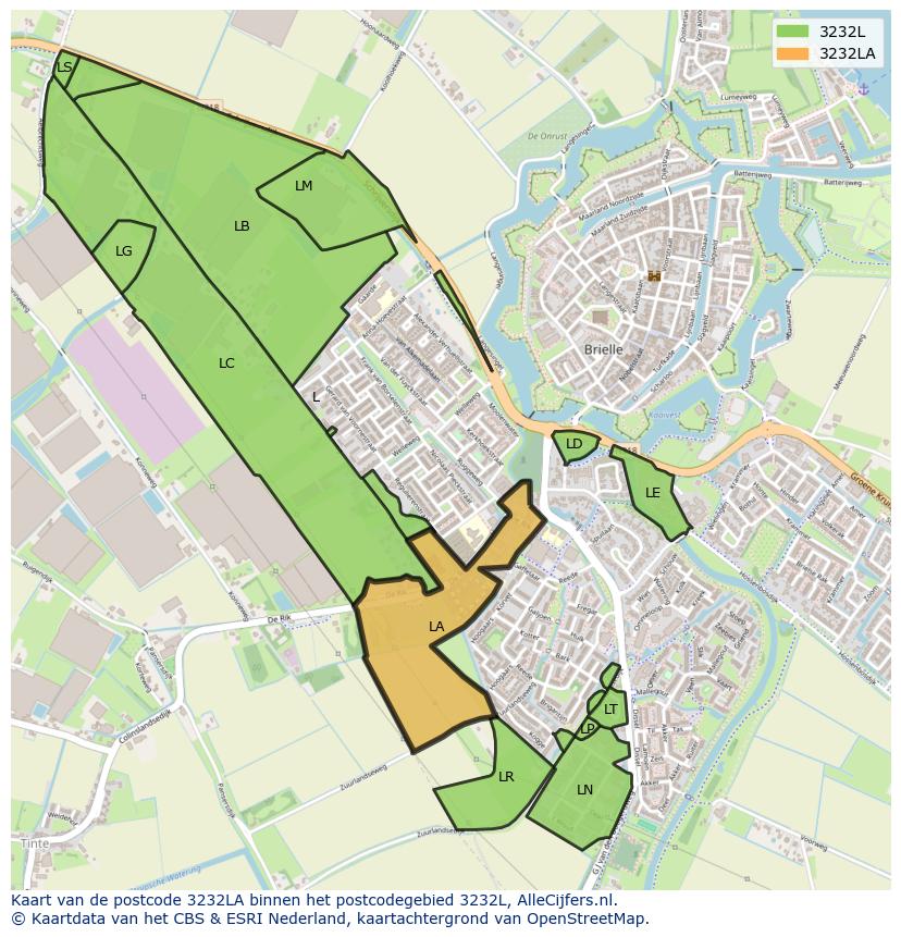 Afbeelding van het postcodegebied 3232 LA op de kaart.