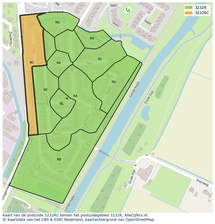 Afbeelding van het postcodegebied 3232 RC op de kaart.