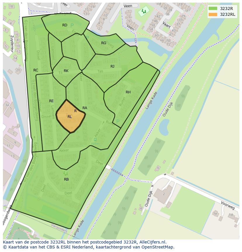 Afbeelding van het postcodegebied 3232 RL op de kaart.