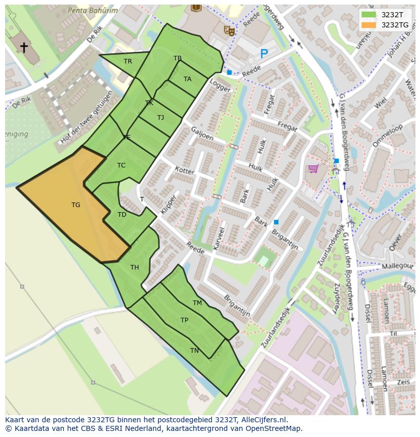 Afbeelding van het postcodegebied 3232 TG op de kaart.