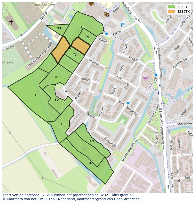 Afbeelding van het postcodegebied 3232 TK op de kaart.