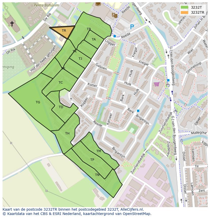 Afbeelding van het postcodegebied 3232 TR op de kaart.