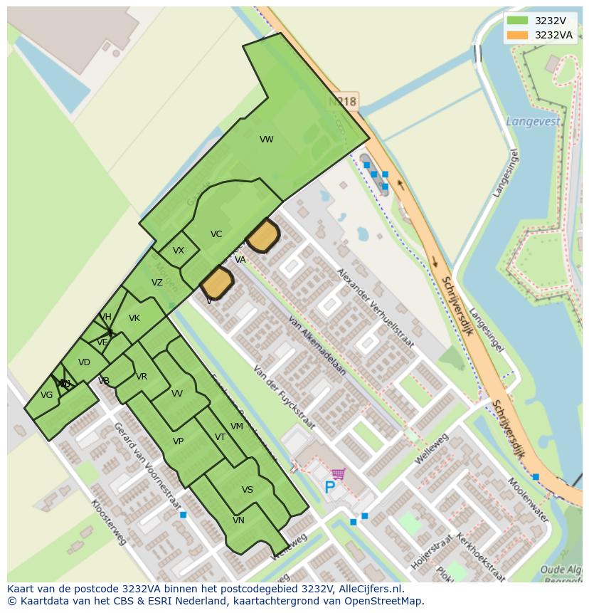 Afbeelding van het postcodegebied 3232 VA op de kaart.