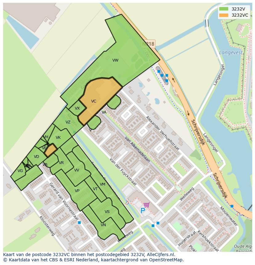 Afbeelding van het postcodegebied 3232 VC op de kaart.