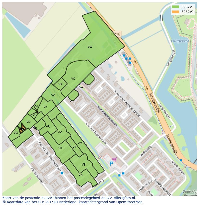 Afbeelding van het postcodegebied 3232 VJ op de kaart.
