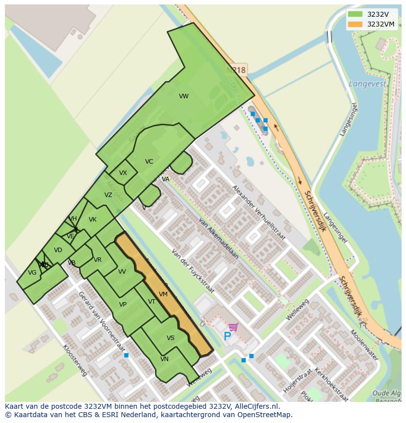 Afbeelding van het postcodegebied 3232 VM op de kaart.