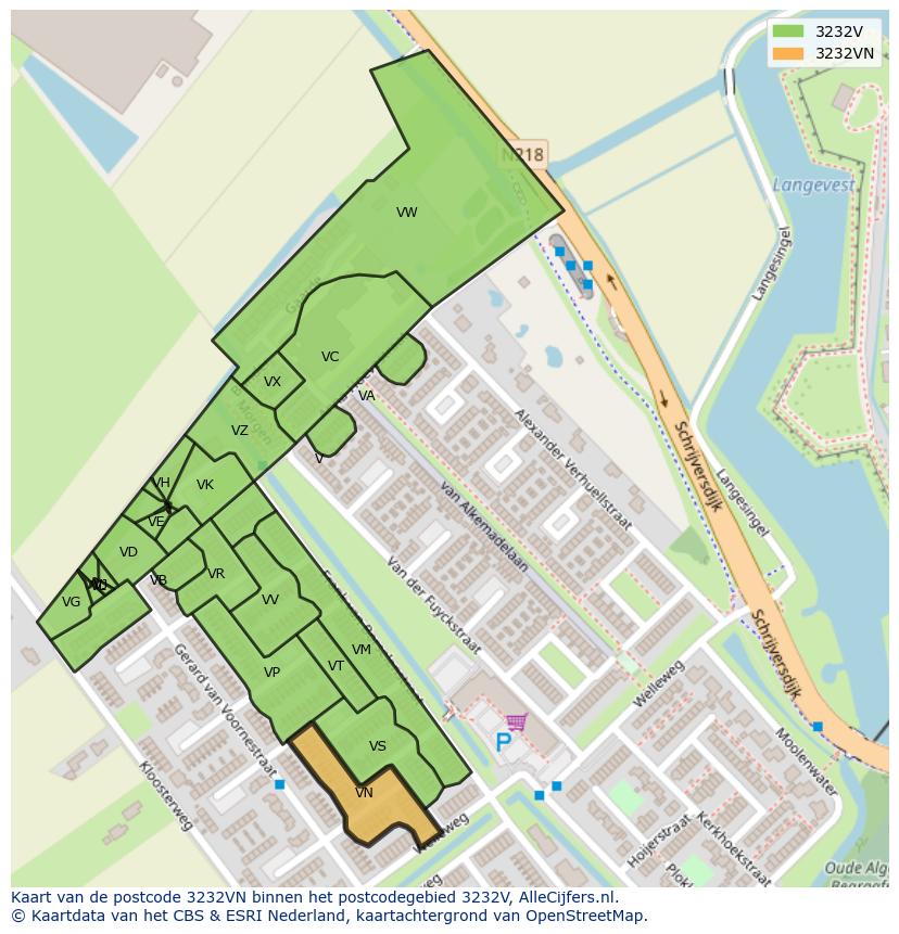 Afbeelding van het postcodegebied 3232 VN op de kaart.