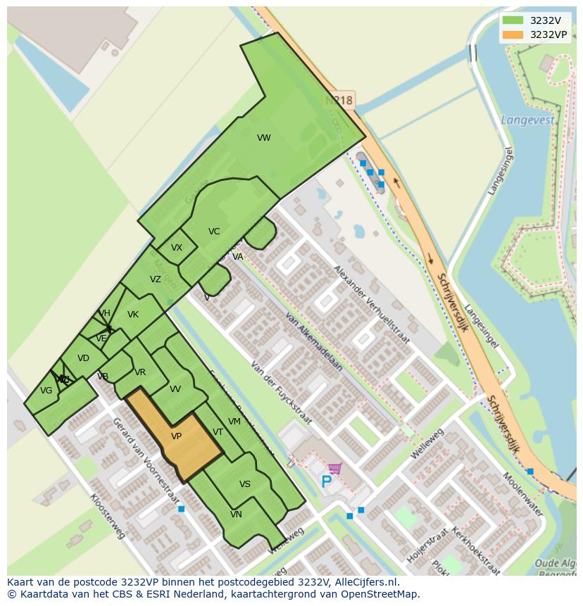 Afbeelding van het postcodegebied 3232 VP op de kaart.