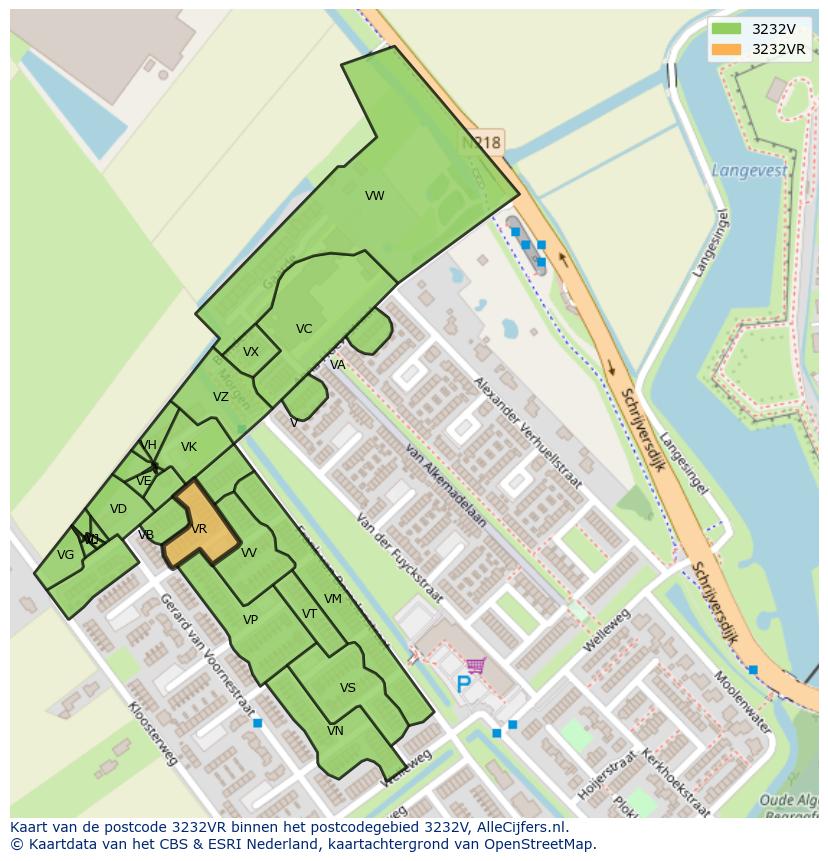 Afbeelding van het postcodegebied 3232 VR op de kaart.
