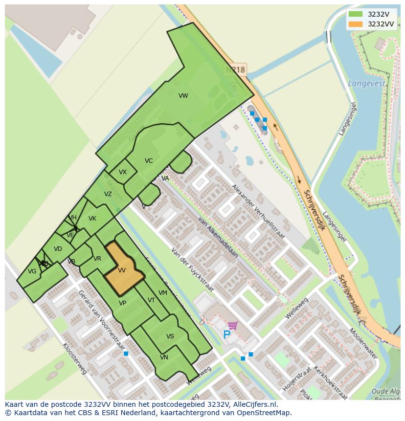 Afbeelding van het postcodegebied 3232 VV op de kaart.