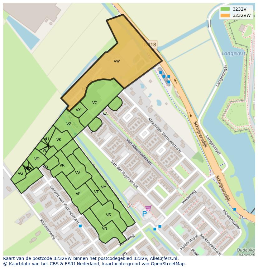 Afbeelding van het postcodegebied 3232 VW op de kaart.