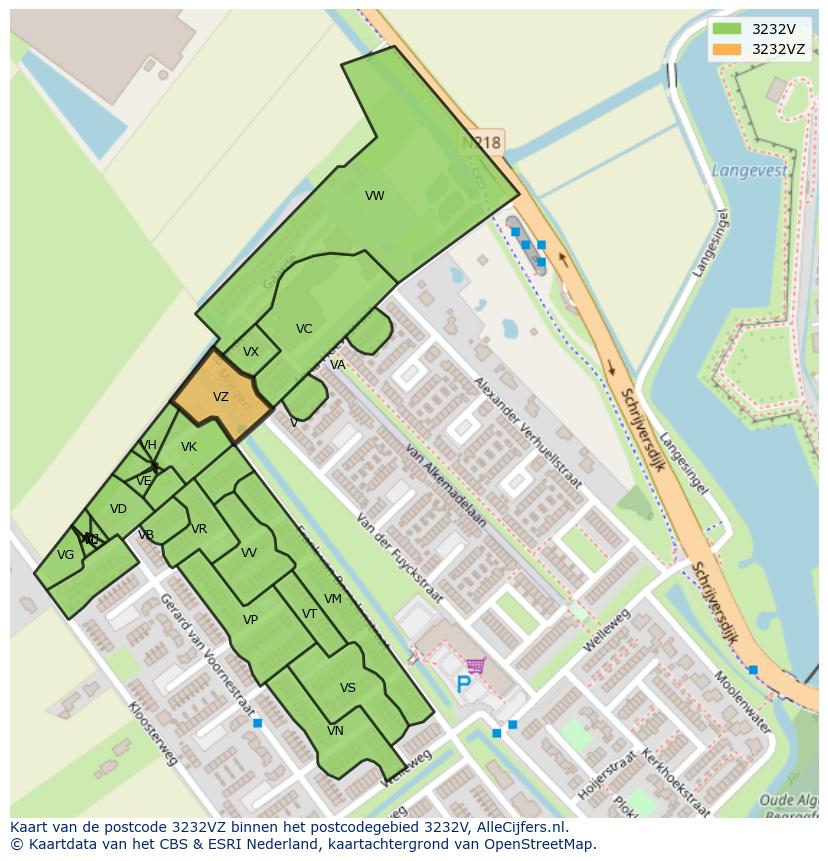 Afbeelding van het postcodegebied 3232 VZ op de kaart.