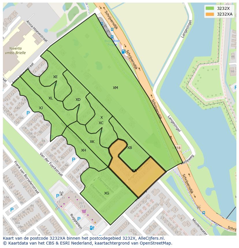 Afbeelding van het postcodegebied 3232 XA op de kaart.