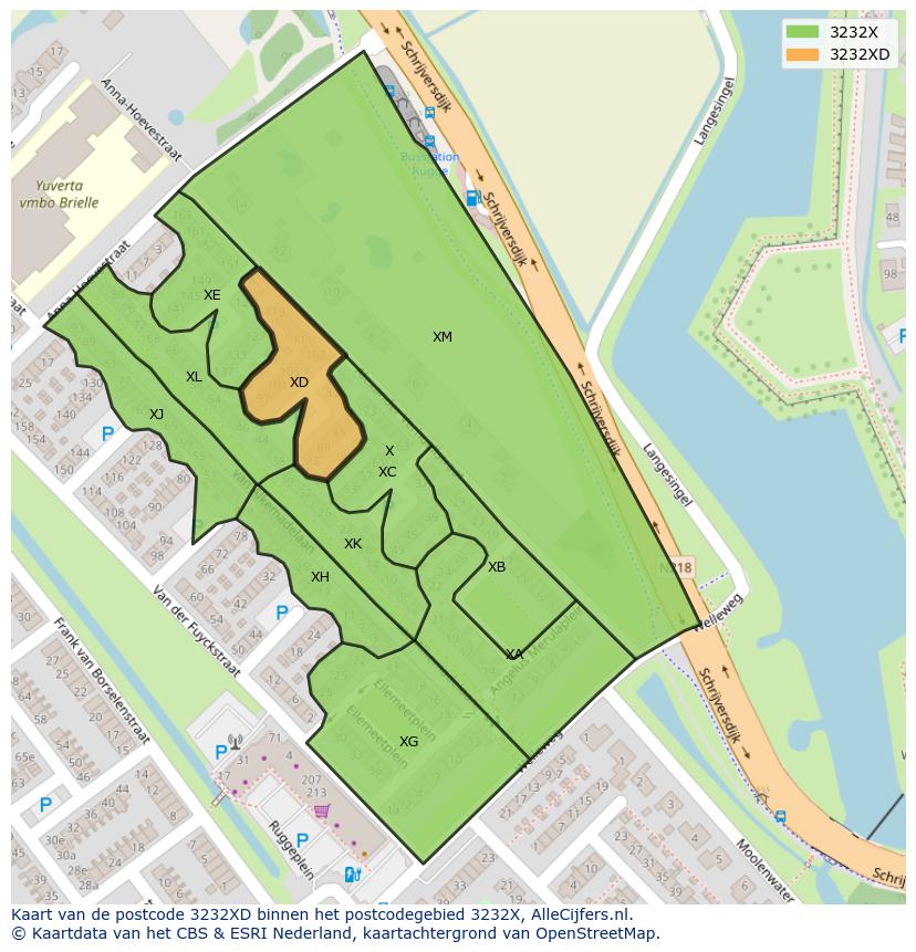 Afbeelding van het postcodegebied 3232 XD op de kaart.