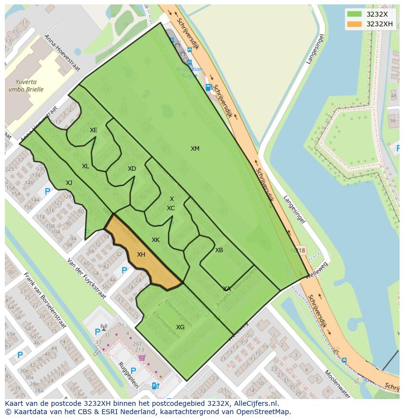 Afbeelding van het postcodegebied 3232 XH op de kaart.