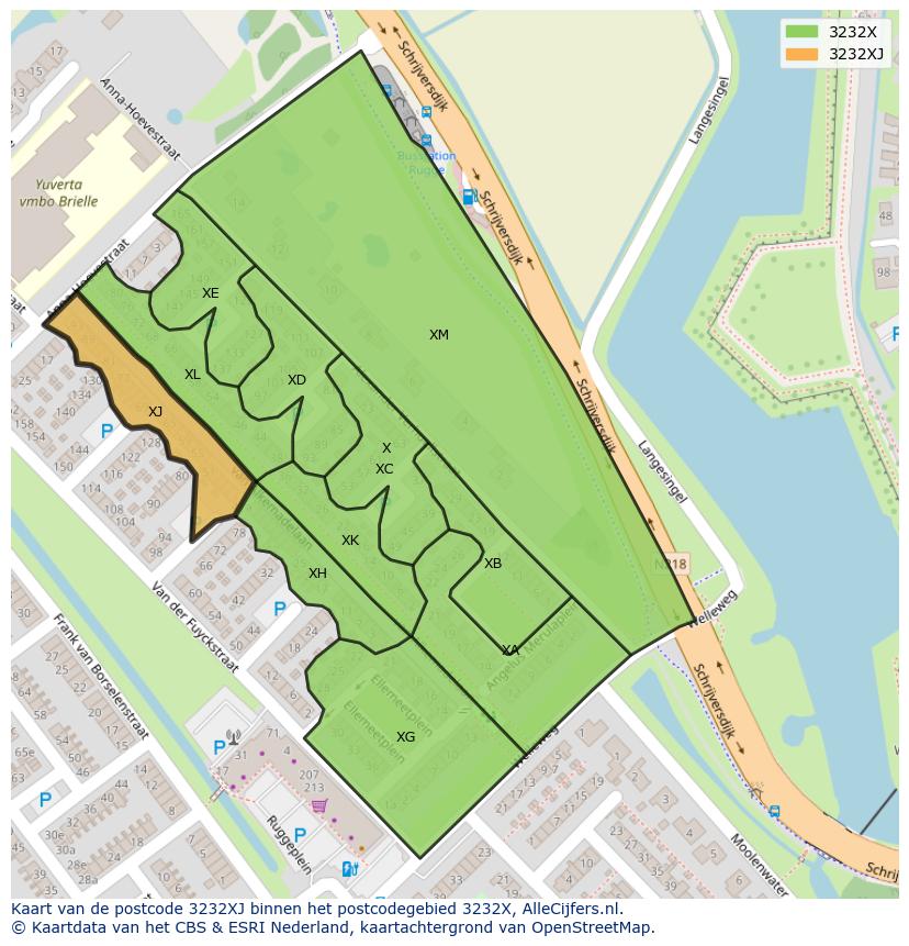 Afbeelding van het postcodegebied 3232 XJ op de kaart.
